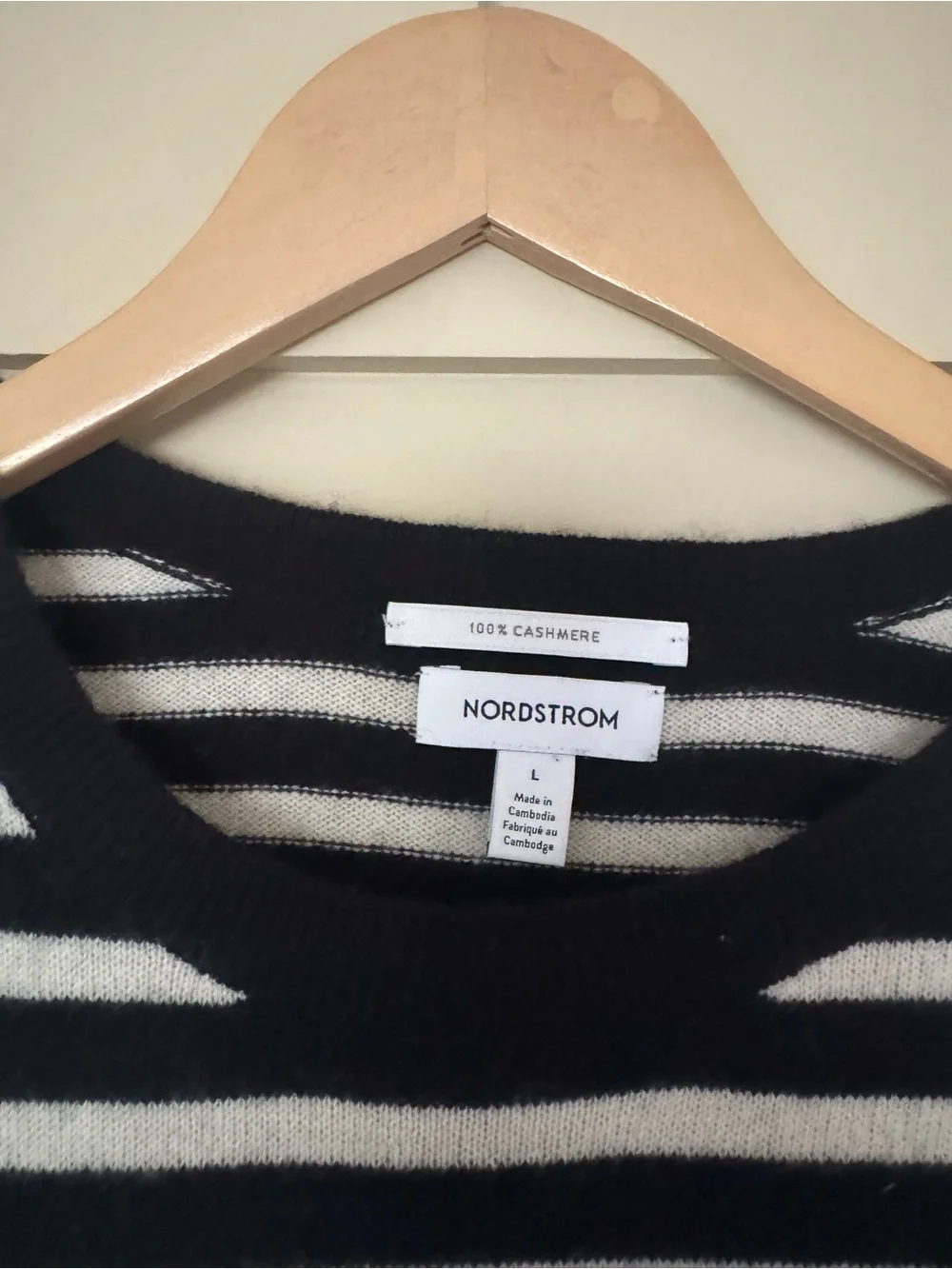 Nordstrom L 100% Cashmere Sweater Striped Black White - Picture 2 of 2